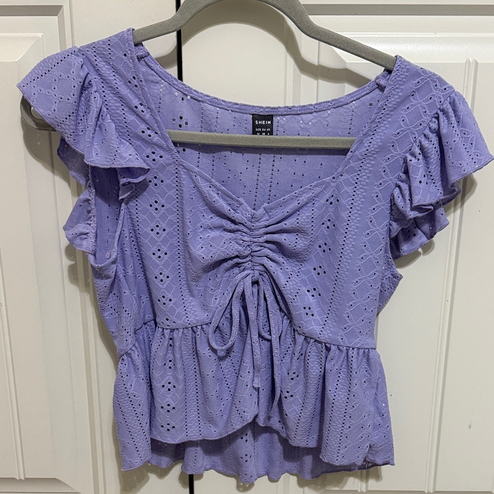 SHEIN Purple Eyelet Ruffle Blouse